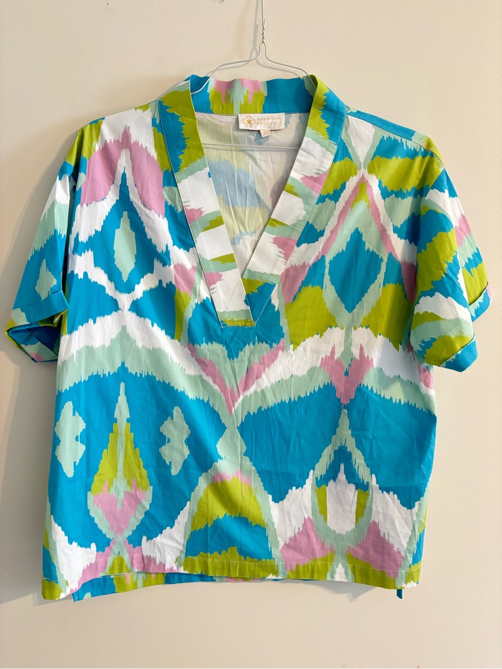 Sheridan French Multicolor Ikat Print Blouse Size Large Coastal Chic Boho